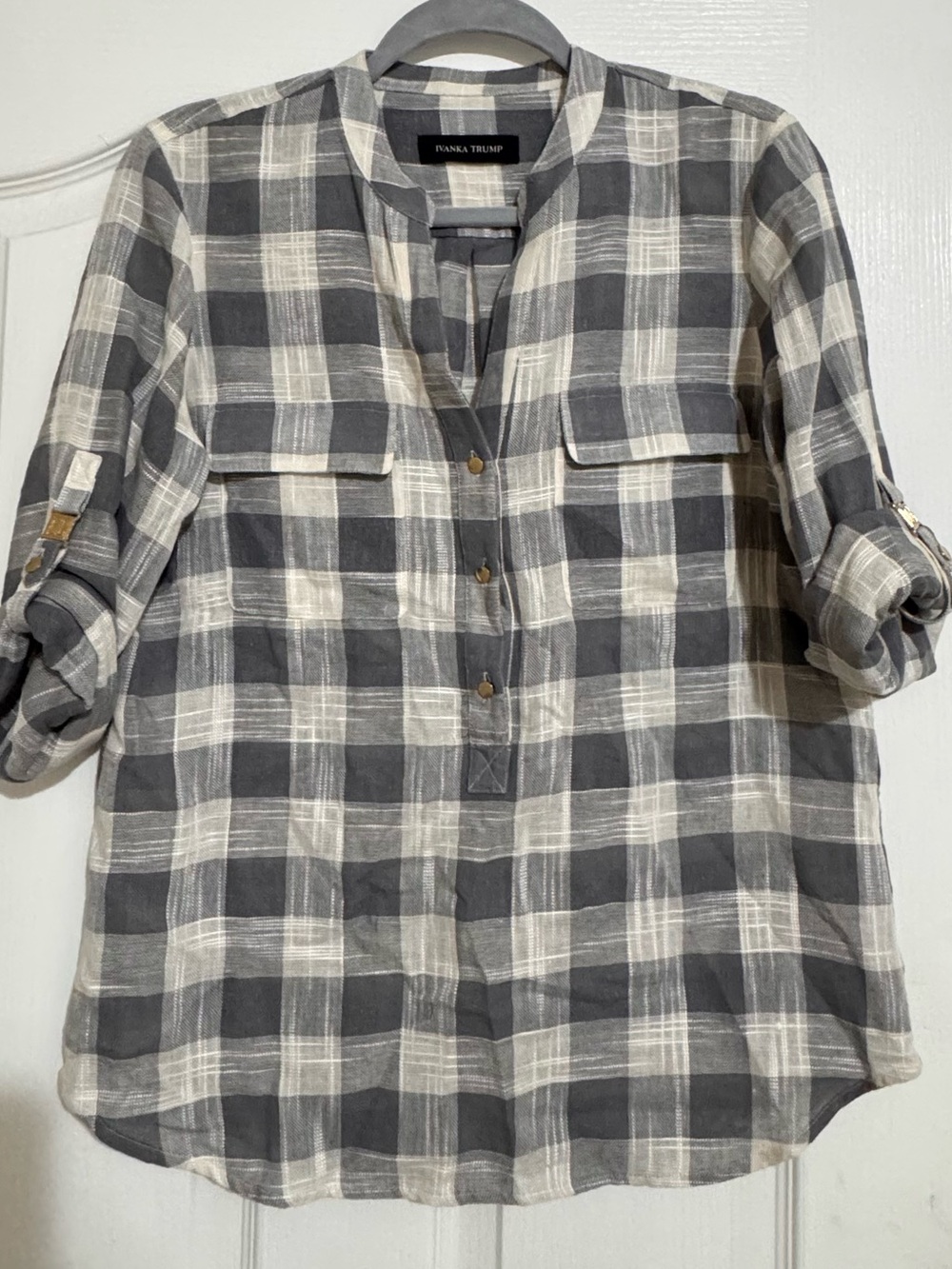 Ivanka Trump Gray and White Plaid Button-Front Shirt
